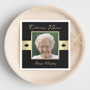 75th Birthday Party Photo on Black Paper Napkin