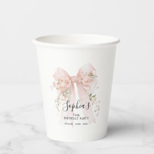 75th Birthday Party Pink Bow with Roses Custom Paper Cups