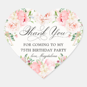 75th Birthday Party Pink Floral Thank You Favour Heart Sticker