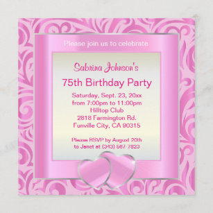 75th Birthday Party   Pink, Silver & White Verder Invitation