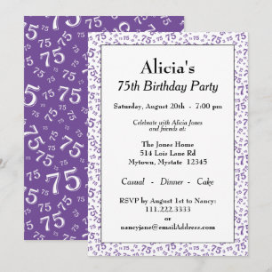 75th Birthday Party Purple/White Number Pattern Invitation