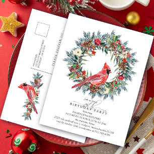 75th Birthday Party Red Cardinal Wreath Invitation Postcard