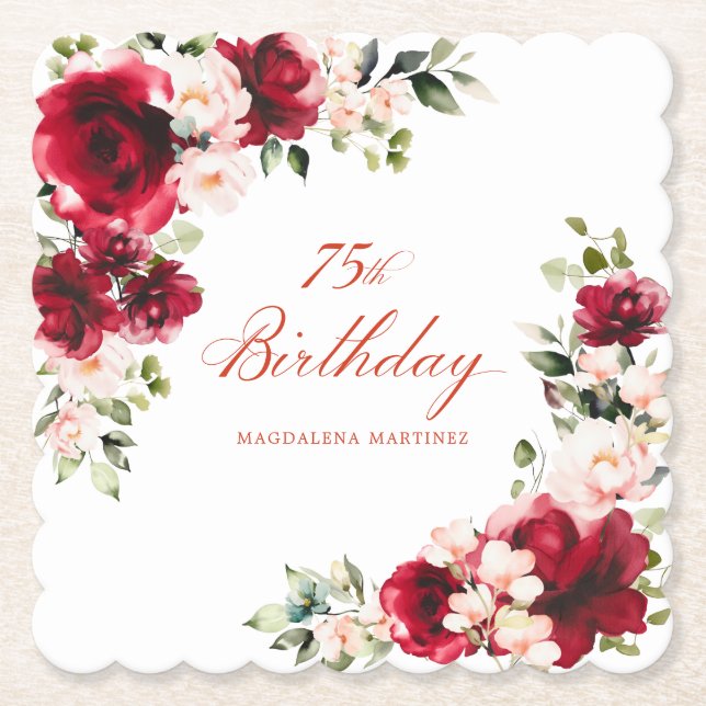 75th Birthday Party Red Pink Floral Custom Paper Coaster (Front)