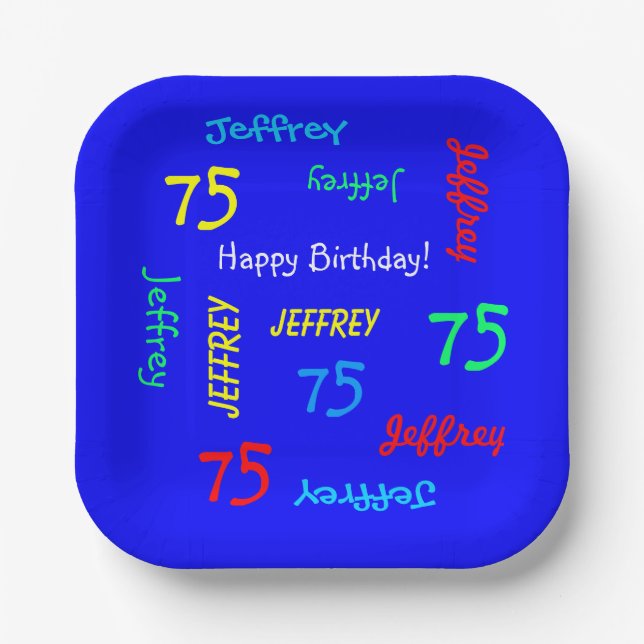 75th Birthday Party Repeat Name Royal Blue Square Paper Plate (Front)