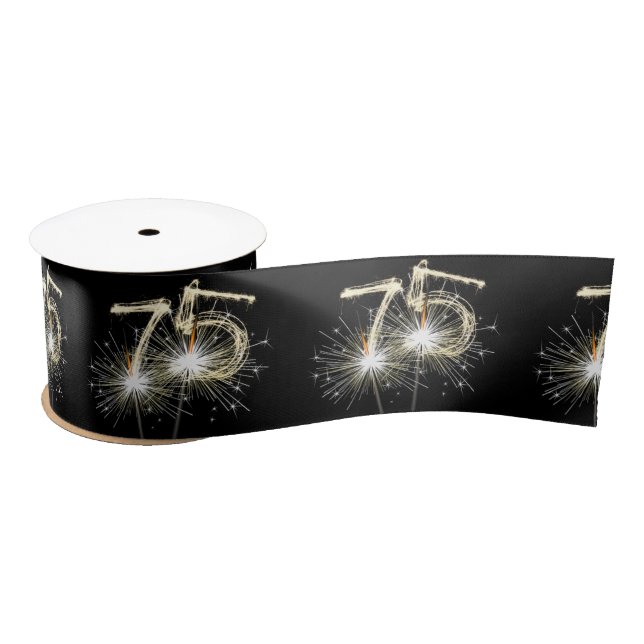 75th Birthday Party Sparklers on Black   Satin Ribbon (Spool)