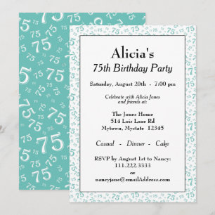 75th Birthday Party Teal/White Number Pattern Invitation