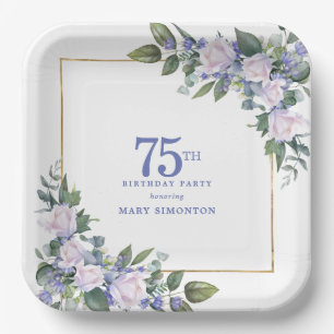 75th Birthday Party White Rose Blue Floral Custom Paper Plate