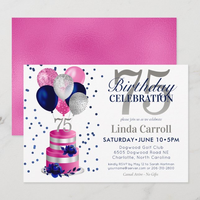 75th Birthday Pink Cake Invitation (Front/Back)