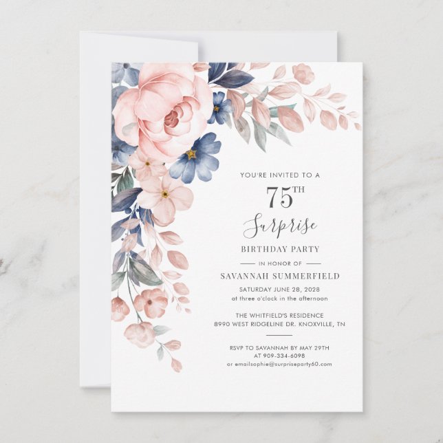75th Birthday Pink Floral Botanical Foliage Invitation (Front)