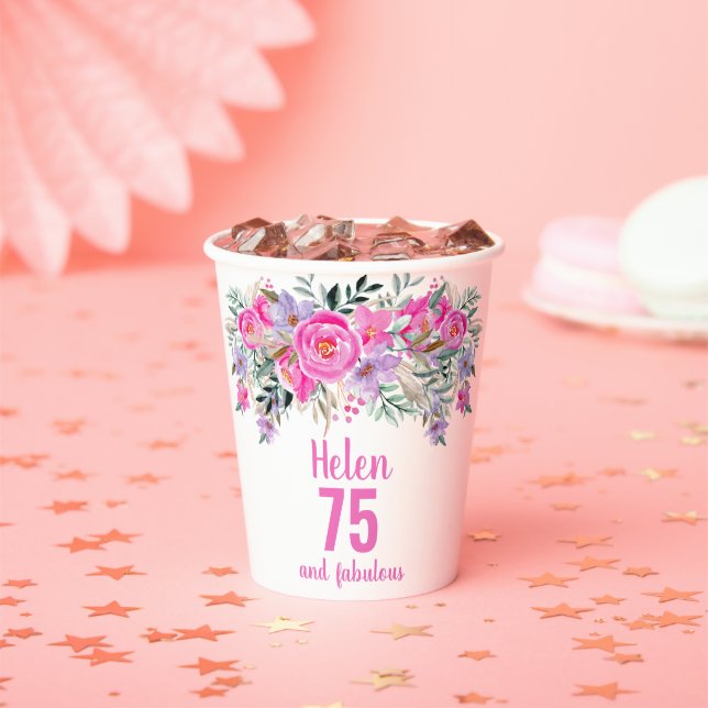 75th birthday pink floral paper cups (Insitu)