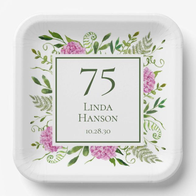 75th Birthday Pink Hydrangeas Paper Plate (Front)