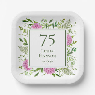 75th Birthday Pink Hydrangeas Paper Plate