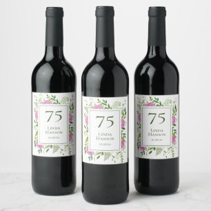 75th Birthday Pink Hydrangeas Wine Label