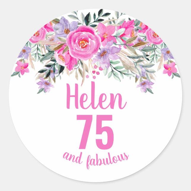 75th birthday pink watercolor floral classic round sticker (Front)