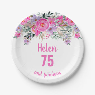 75th birthday pink watercolor floral paper plate