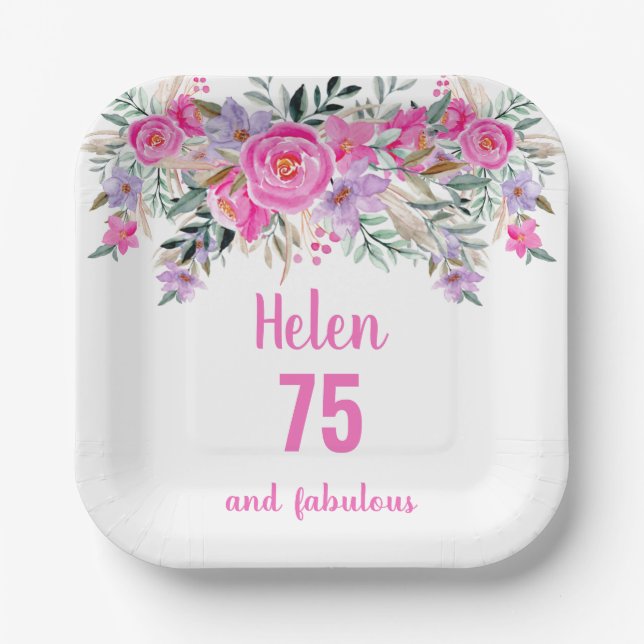 75th birthday pink watercolor floral  paper plate (Front)