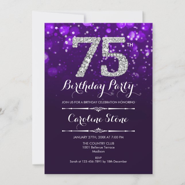 75th Birthday - Purple Silver Invitation (Front)