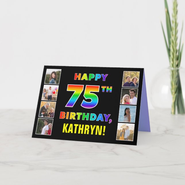 75th Birthday: Rainbow Text, Custom Photos & Name Card (Front)