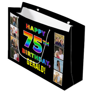 75th Birthday: Rainbow Text, Custom Photos & Name Large Gift Bag