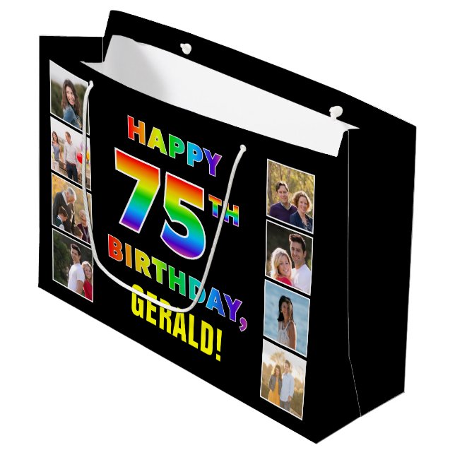 75th Birthday: Rainbow Text, Custom Photos & Name Large Gift Bag (Front Angled)