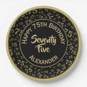 75th Birthday Random Number Pattern Black/Gold Paper Plate