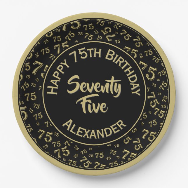 75th Birthday Random Number Pattern Black/Gold Paper Plate (Front)