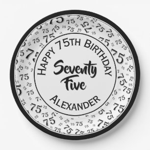 75th Birthday Random Number Pattern Black/White Paper Plate