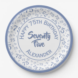 75th Birthday Random Number Pattern Blue/White Paper Plate