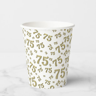 75th Birthday Random Number Pattern Gold/White 75 Paper Cups