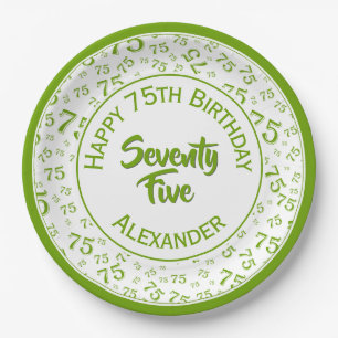 75th Birthday Random Number Pattern Green/White Paper Plate
