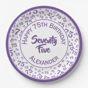 75th Birthday Random Number Pattern Purple Paper Plate