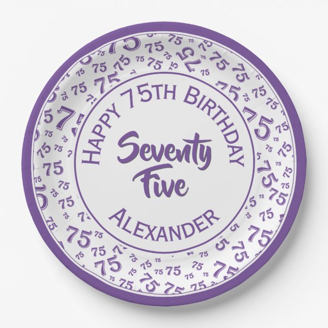 75th Birthday Random Number Pattern Purple Paper Plate (Front)