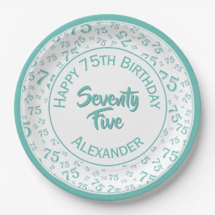 75th Birthday Random Number Pattern Teal/White Paper Plate