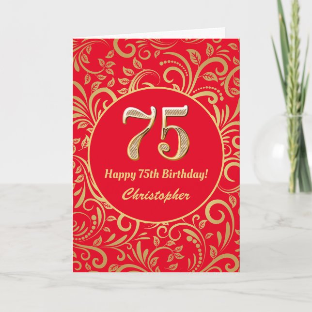 75th Birthday Red and Gold Floral Pattern Card (Front)