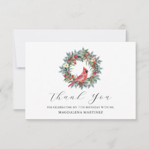 75th Birthday Red Cardinal Wreath Custom Flat Thank You Card