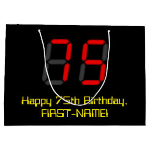 75th Birthday: Red Digital Clock Style "75" + Name Large Gift Bag