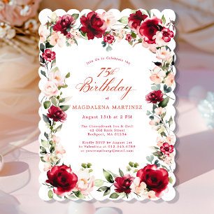 75th Birthday Red Rose Pink Peony Floral Invitation