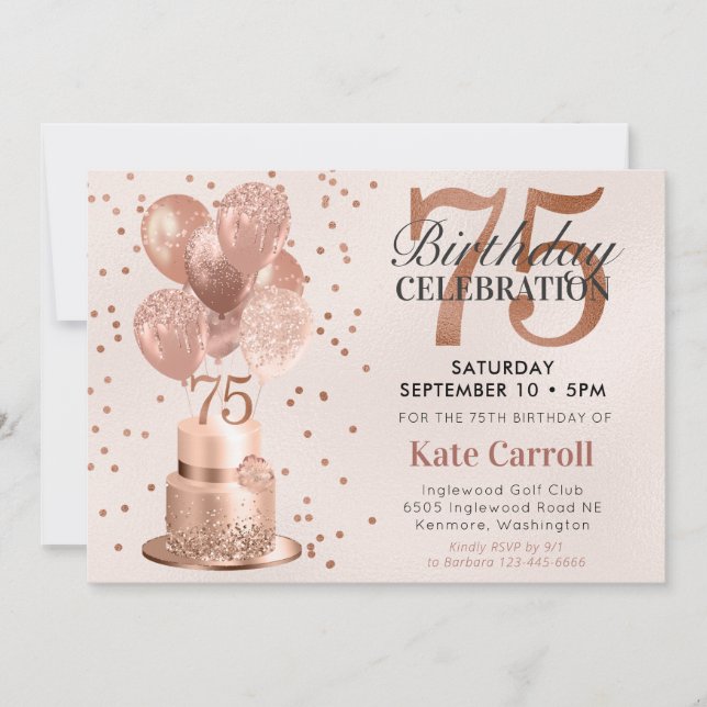 75th Birthday Rose Gold Cake Invitation (Front)