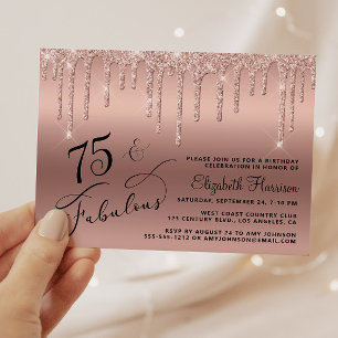 75th Birthday Rose Gold Glitter Budget Invitation
