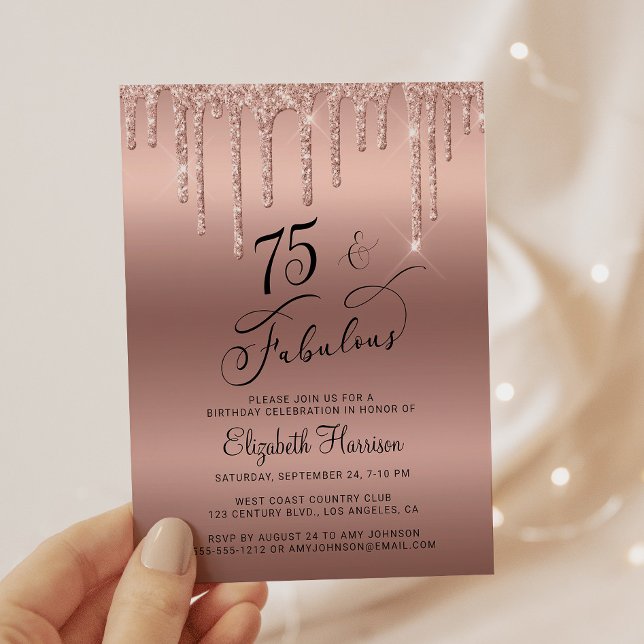 75th Birthday Rose Gold Glitter Budget Invitation (Creator Uploaded)