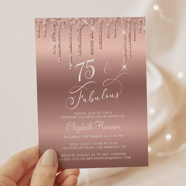 75th Birthday Rose Gold Glitter Budget Invitation (Creator Uploaded)