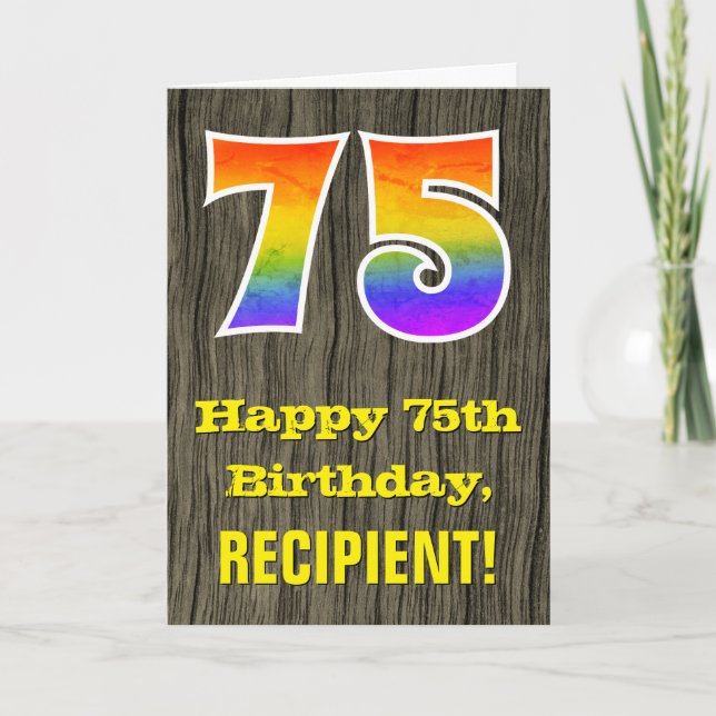 75th Birthday: Rustic Faux Wood Look, Rainbow "75" Card (Front)
