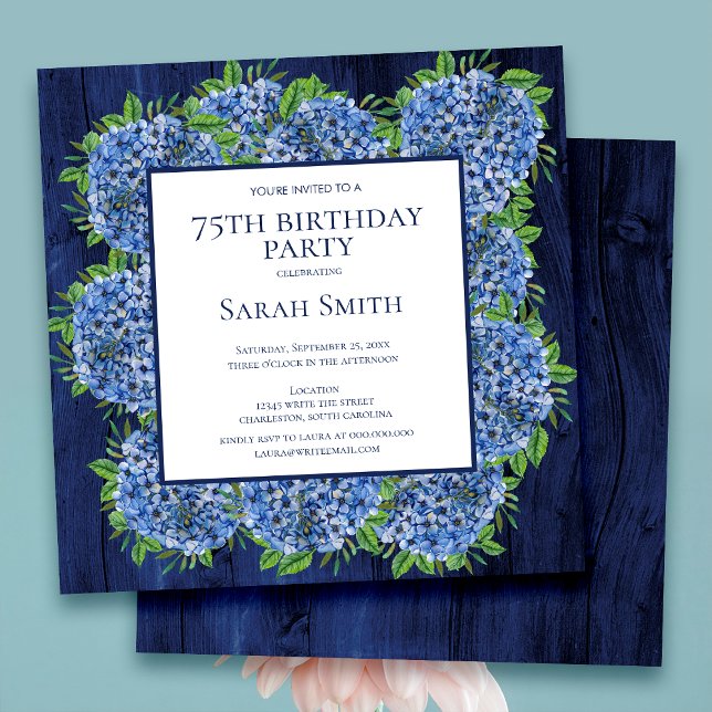 75th Birthday Rustic Wood Blue Hydrangeas Party Invitation (Creator Uploaded)