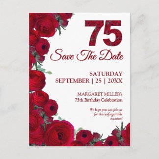 75th Birthday Save the Date Bold Red Floral 75 Announcement Postcard