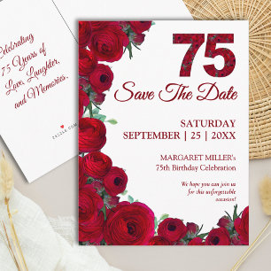75th Birthday Save the Date Bold Red Floral 75 Announcement Postcard