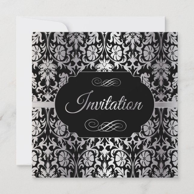 75th Birthday | Silver & Black Damask Invitation (Front)