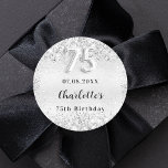 75th birthday silver elegant confetti classic round sticker<br><div class="desc">Faux silver looking background decorated with confetti. Personalise and add a date and a name.  Black letters.  75 written with a balloon style font.</div>