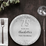 75th birthday silver elegant confetti paper plate<br><div class="desc">Faux silver looking background decorated with confetti. Personalise and add a date and a name.  Black letters.  75 written with a balloon style font.</div>