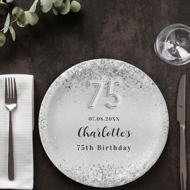 75th birthday silver elegant confetti paper plate (Creator Uploaded)