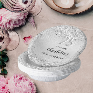 75th birthday silver elegant confetti paper plate